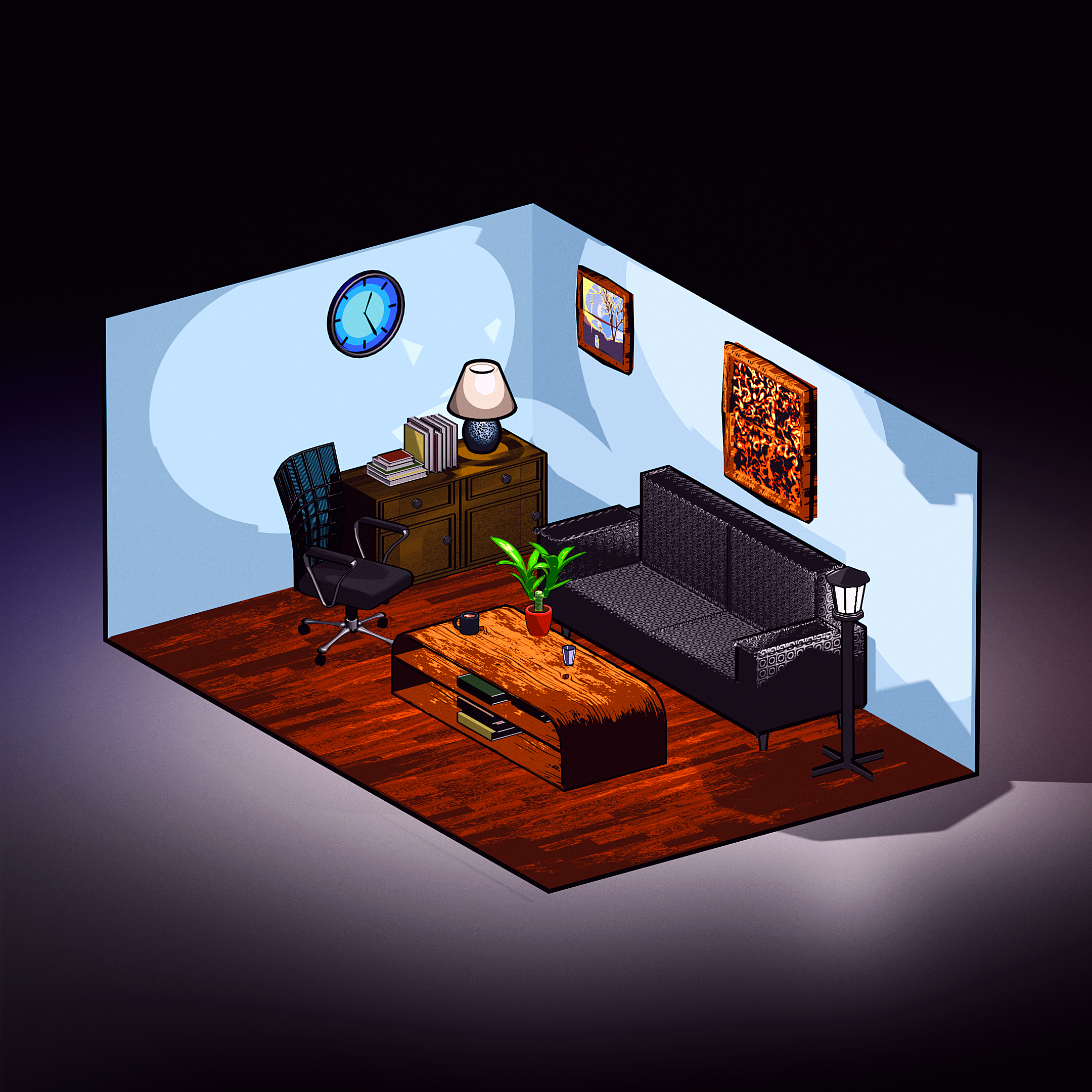 A Cell Shaded 3D render of a living room.
