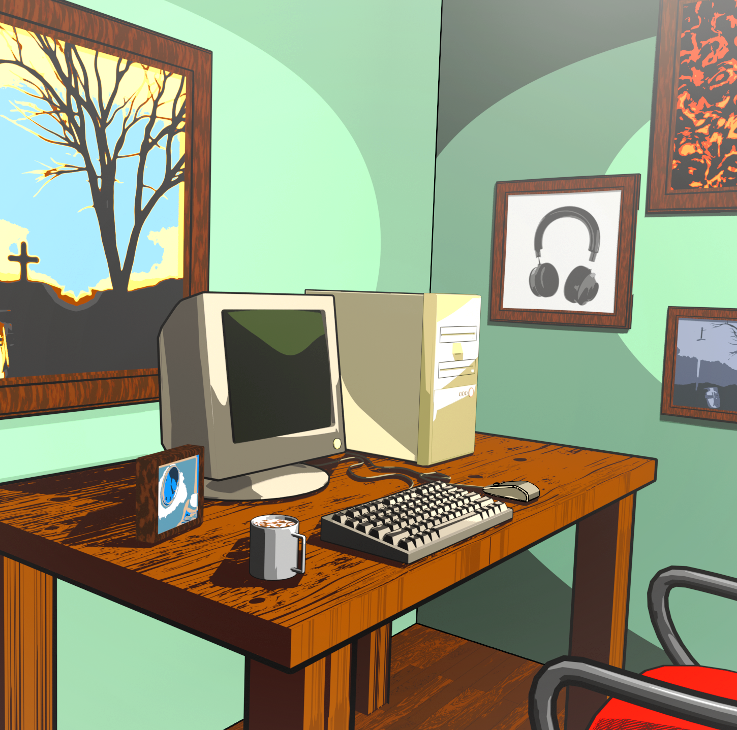 A Cell Shaded 3D render of a room with and old computer.