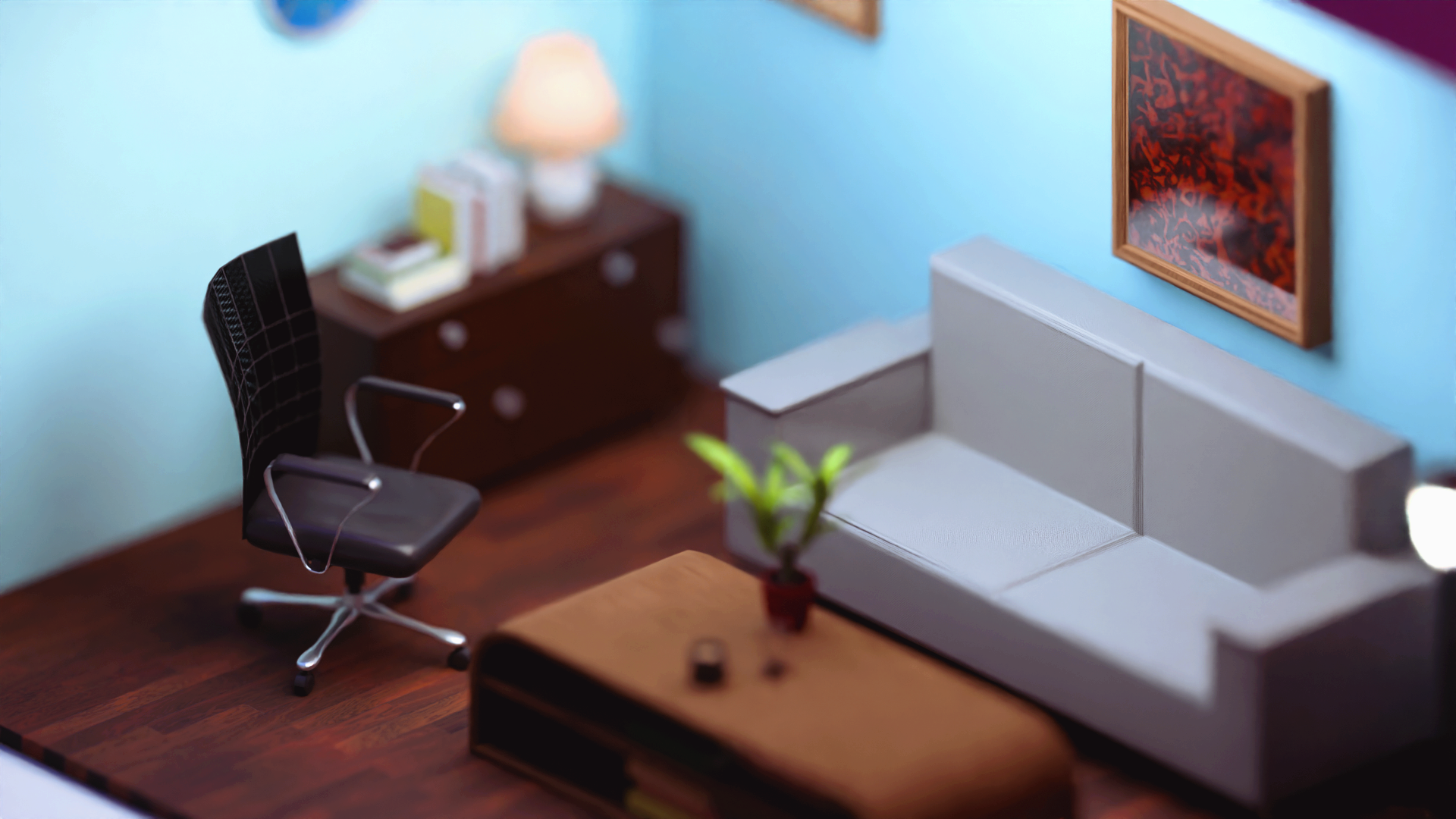 A 3D render of a Living room