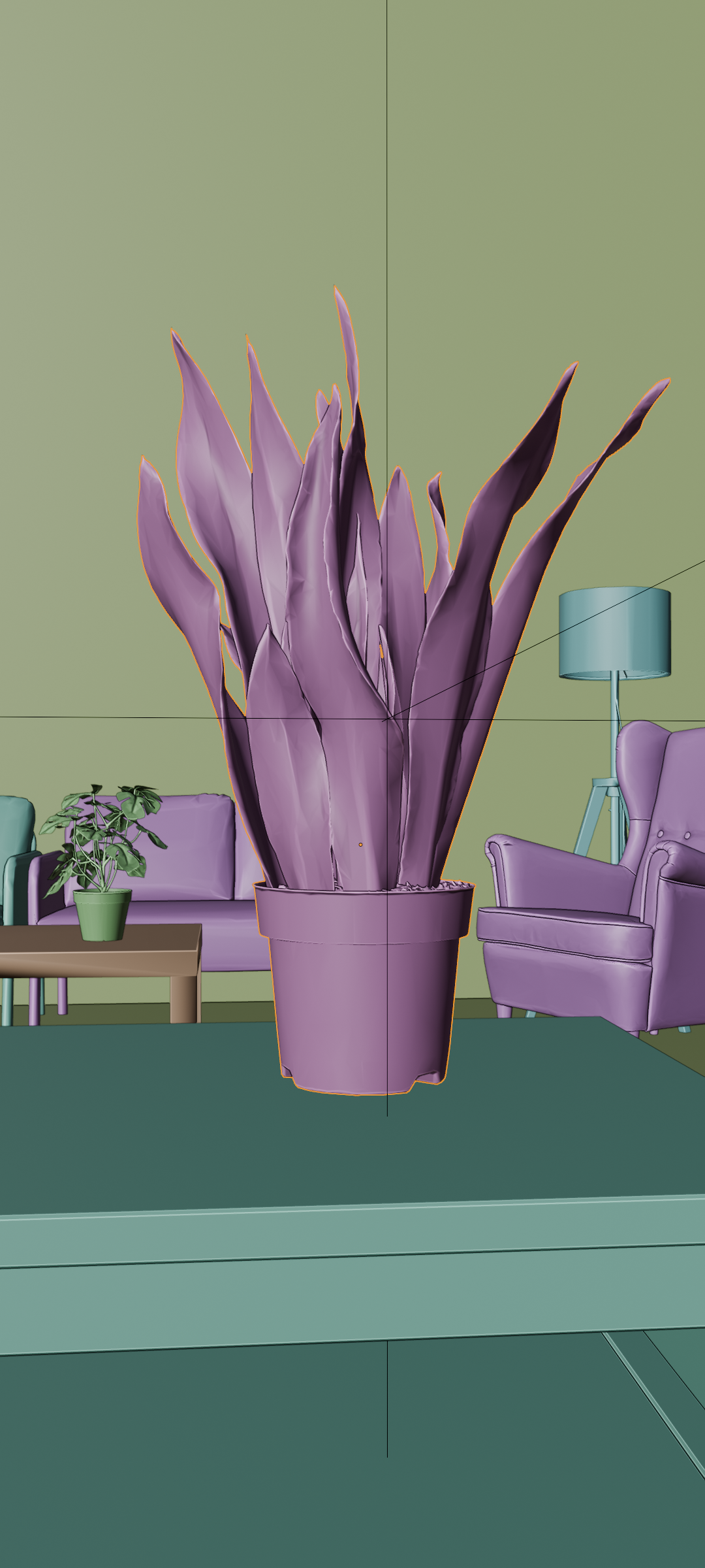A 3D viewport of a plant in a big room